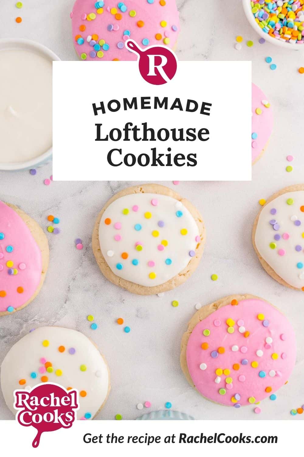 Frosted cookies, text overlay reads "homemade lofthouse cookies."