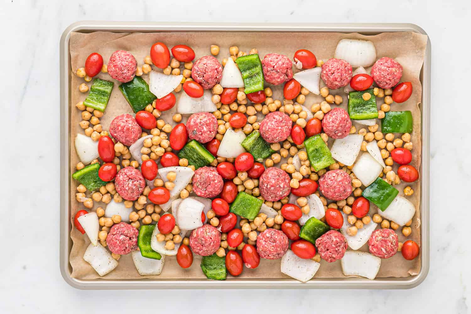 Uncooked sheet pan dinner.