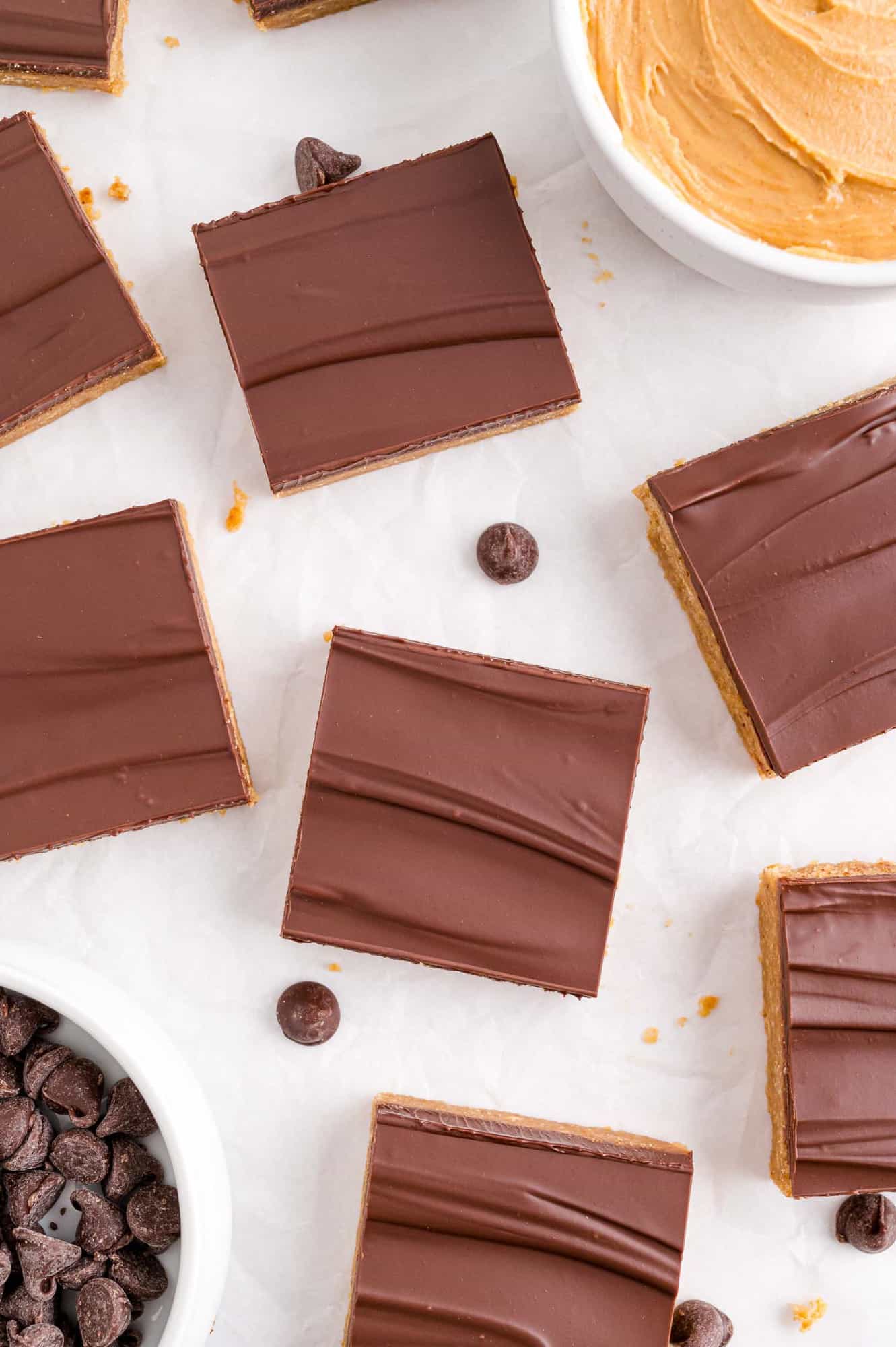 Overhead view of bars and chocolate chips.