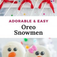 Oreos decorated like snowmen, text overlay reads "adorable & easy oreo snowmen."