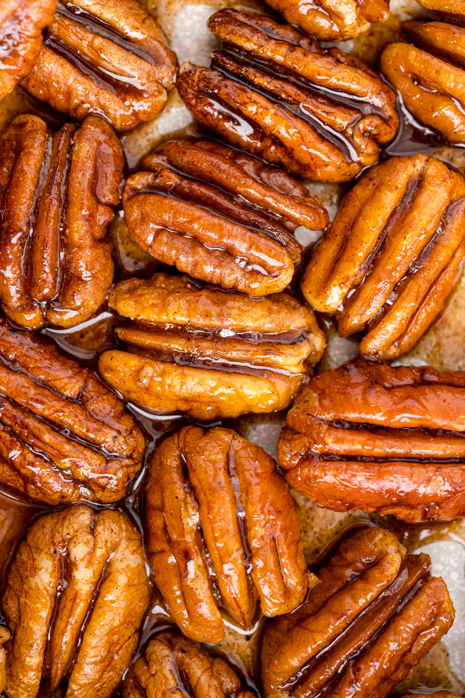 Close up of glazed pecans.