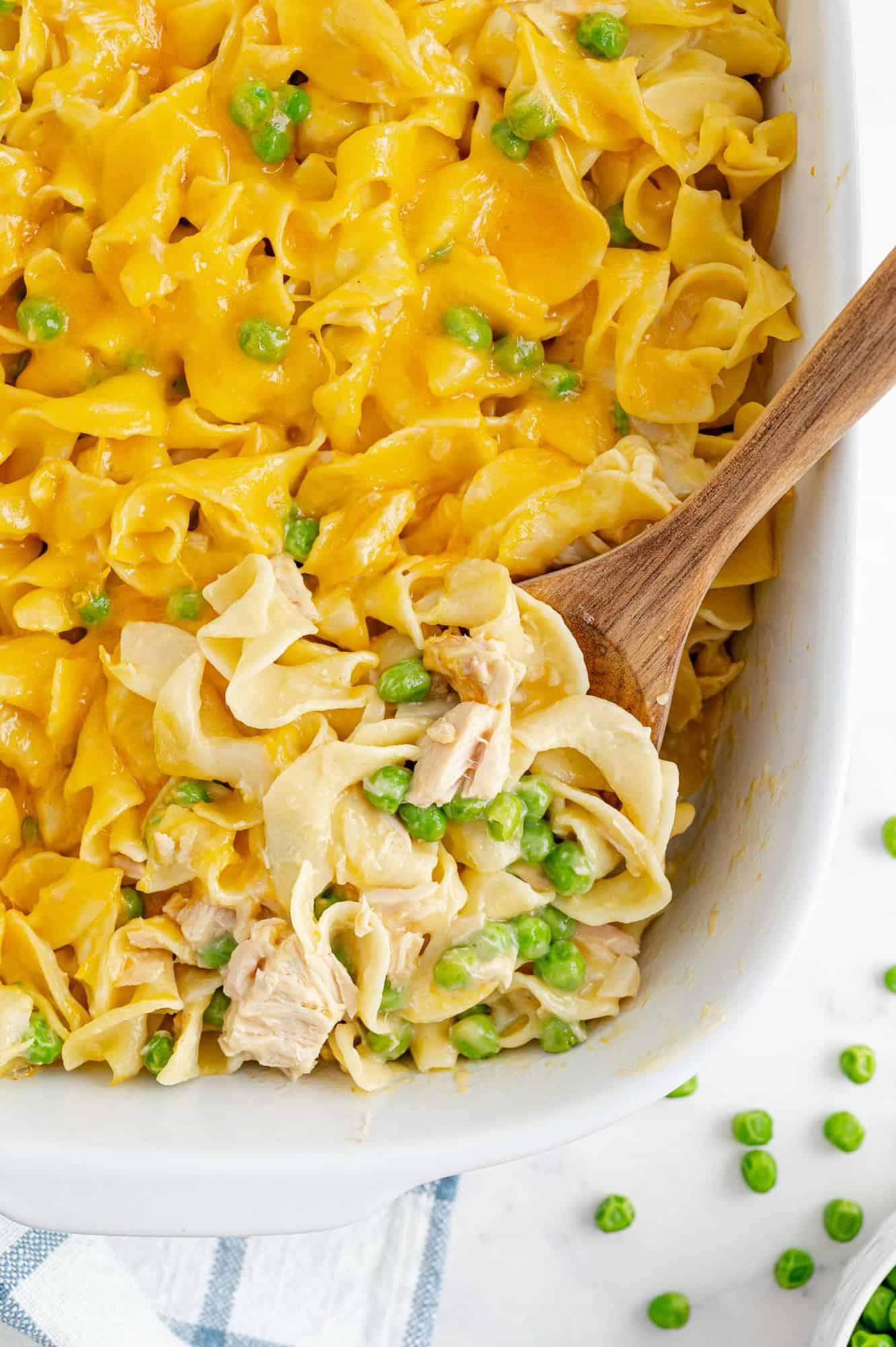 Tuna noodle casserole, spoon in it to show texture.