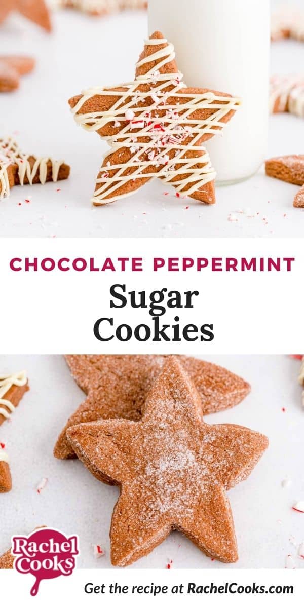 Cookies, text overlay reads "chocolate peppermint sugar cookies."