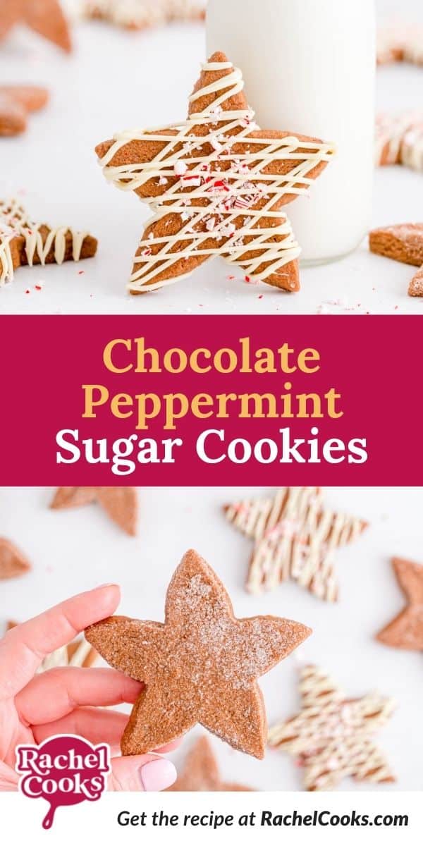 Cookies, text overlay reads "chocolate peppermint sugar cookies."