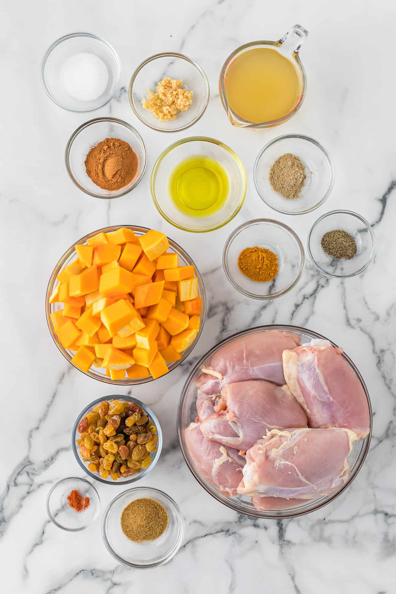 Ingredients in separate small glass bowls.