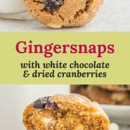 Cookies, text overlay reads "gingersnaps with white chocolate & cranberries."