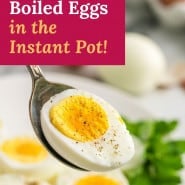 Boiled eggs, text overlay reads "boiled eggs in the Instant Pot!"