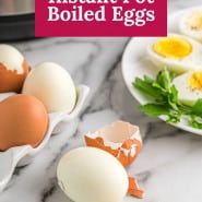 Boiled eggs, text overlay reads "perfect Instant Pot boiled eggs."