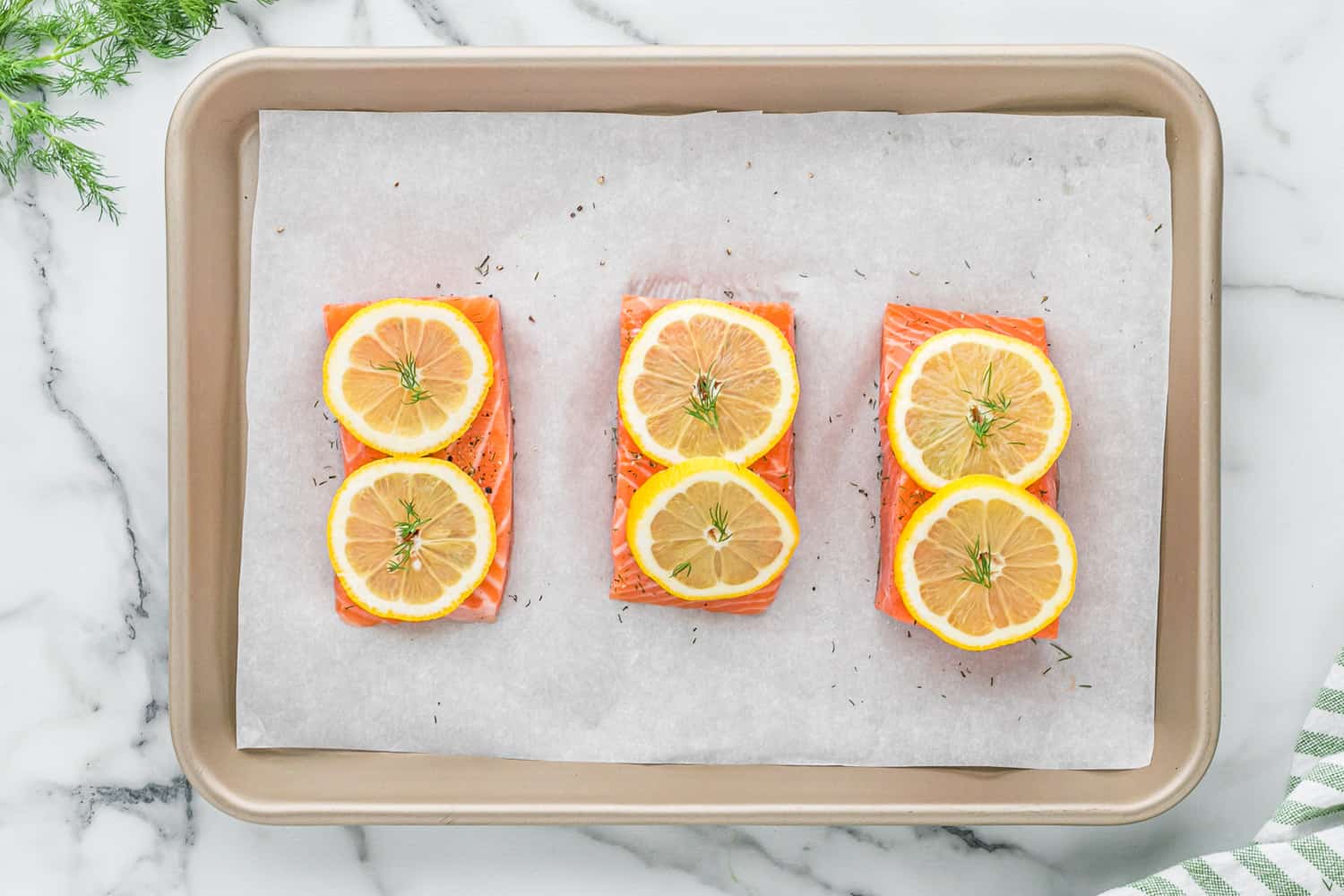 Uncooked salmon topped with lemon slices.