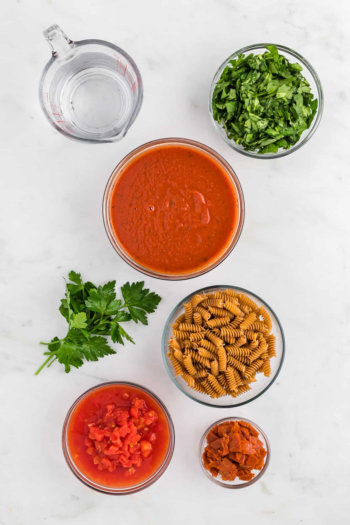 Overhead view of ingredients in separate bowls.