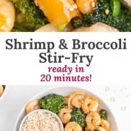 Shrimp and broccoli, text overlay reads, "shrimp and broccoli stir-fry, ready in 20 minutes!"