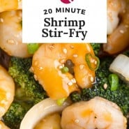 Shrimp and broccoli, text overlay reads, "20 minute shrimp stir-fry."