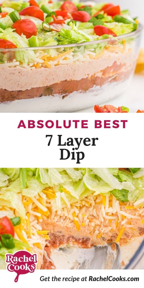 Dip, text overlay reads "absolute best 7 layer dip."