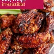 Wings, text overlay reads "air fryer bbq wings - irresistible."