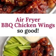 Wings, text overlay reads "air fryer bbq wings - so good."