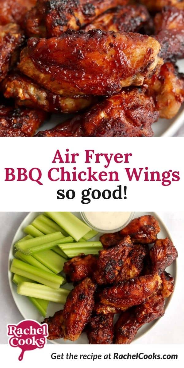 Wings, text overlay reads "air fryer bbq wings - so good."