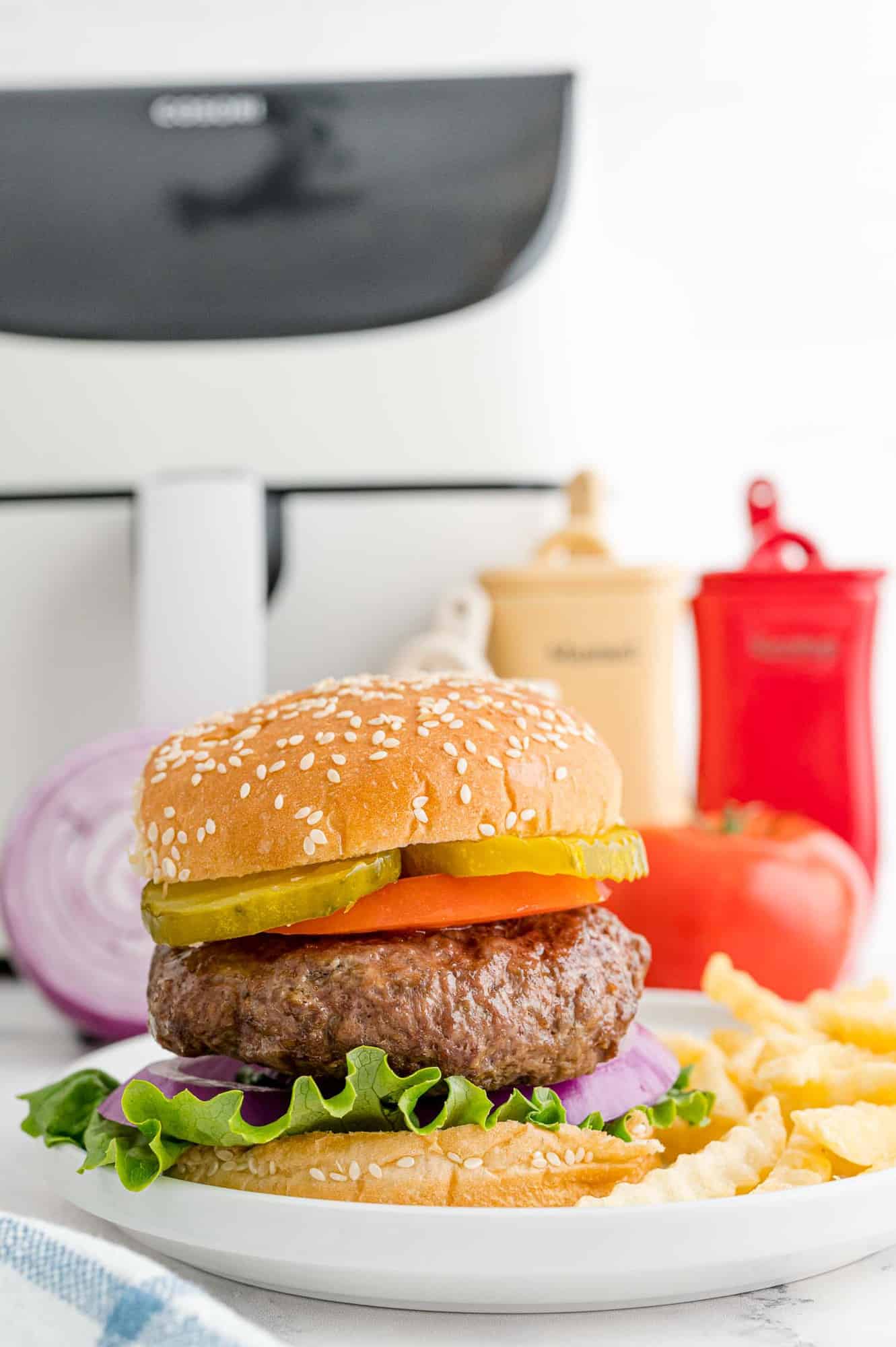 Burger with air fryer in background.