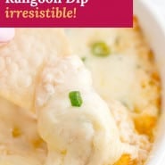 Cheesy dip, text overlay reads "crab rangoon dip - irresistible."
