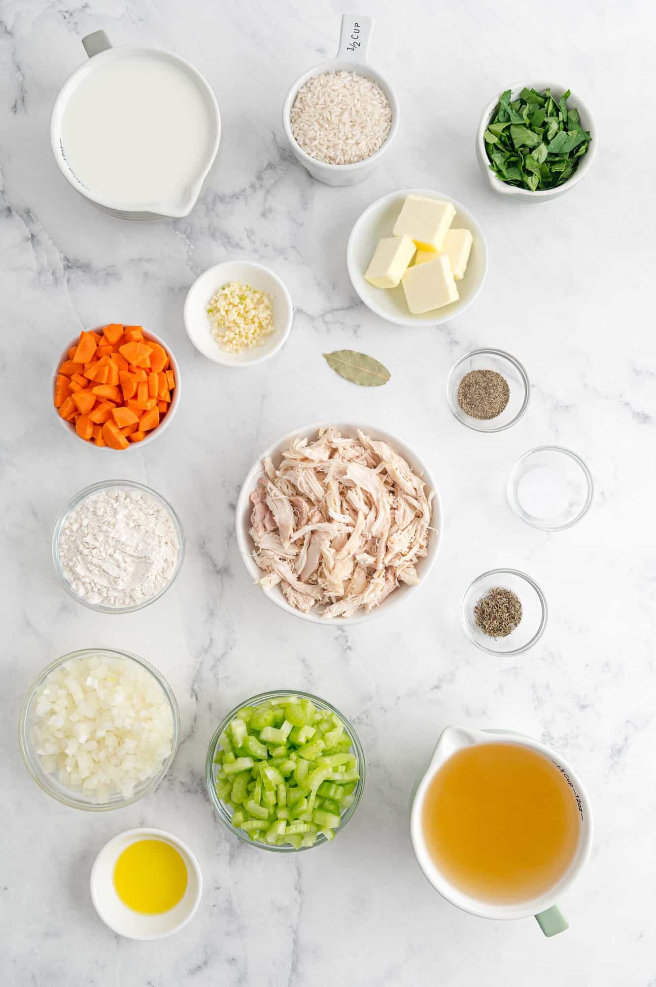 Ingredients needed for recipe in individual bowls.