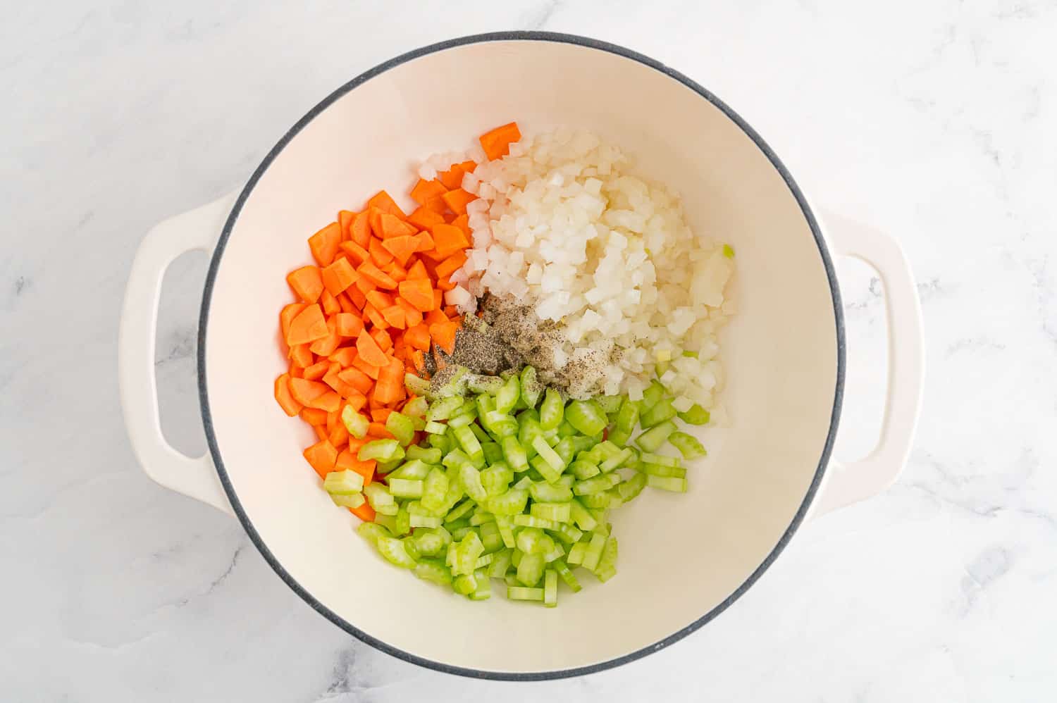 Uncooked vegetables in a dutch oven pan.