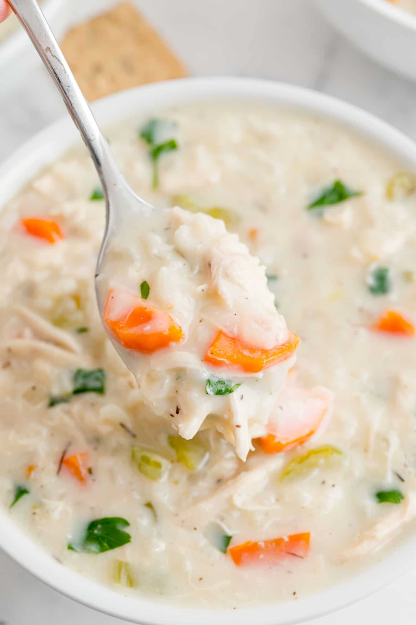 Creamy chicken rice soup shown on a spoon and in a bowl.