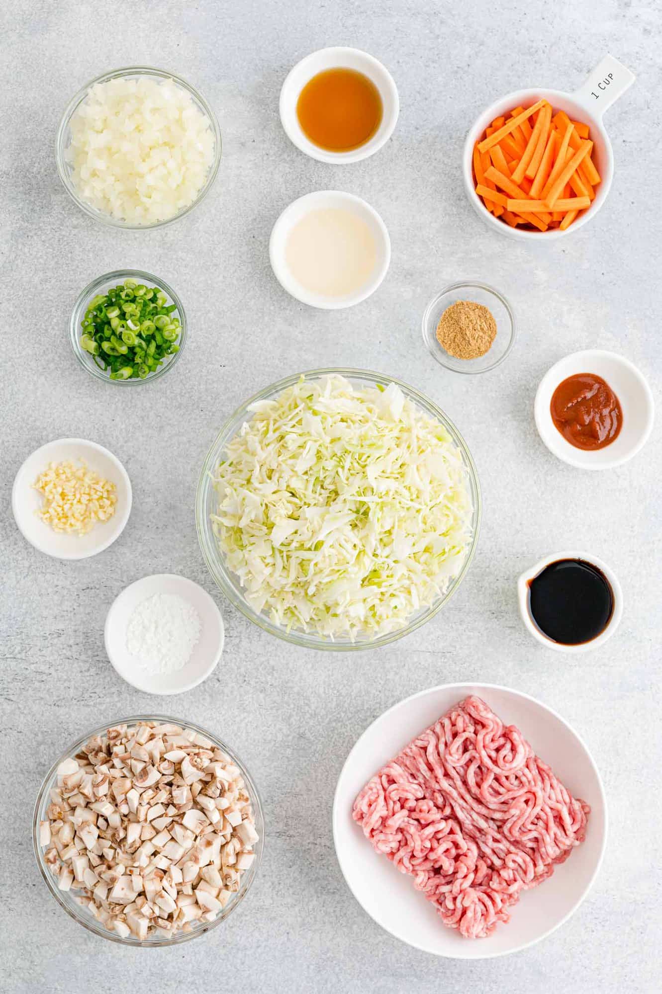 Overhead view of ingredients in separate bowls.