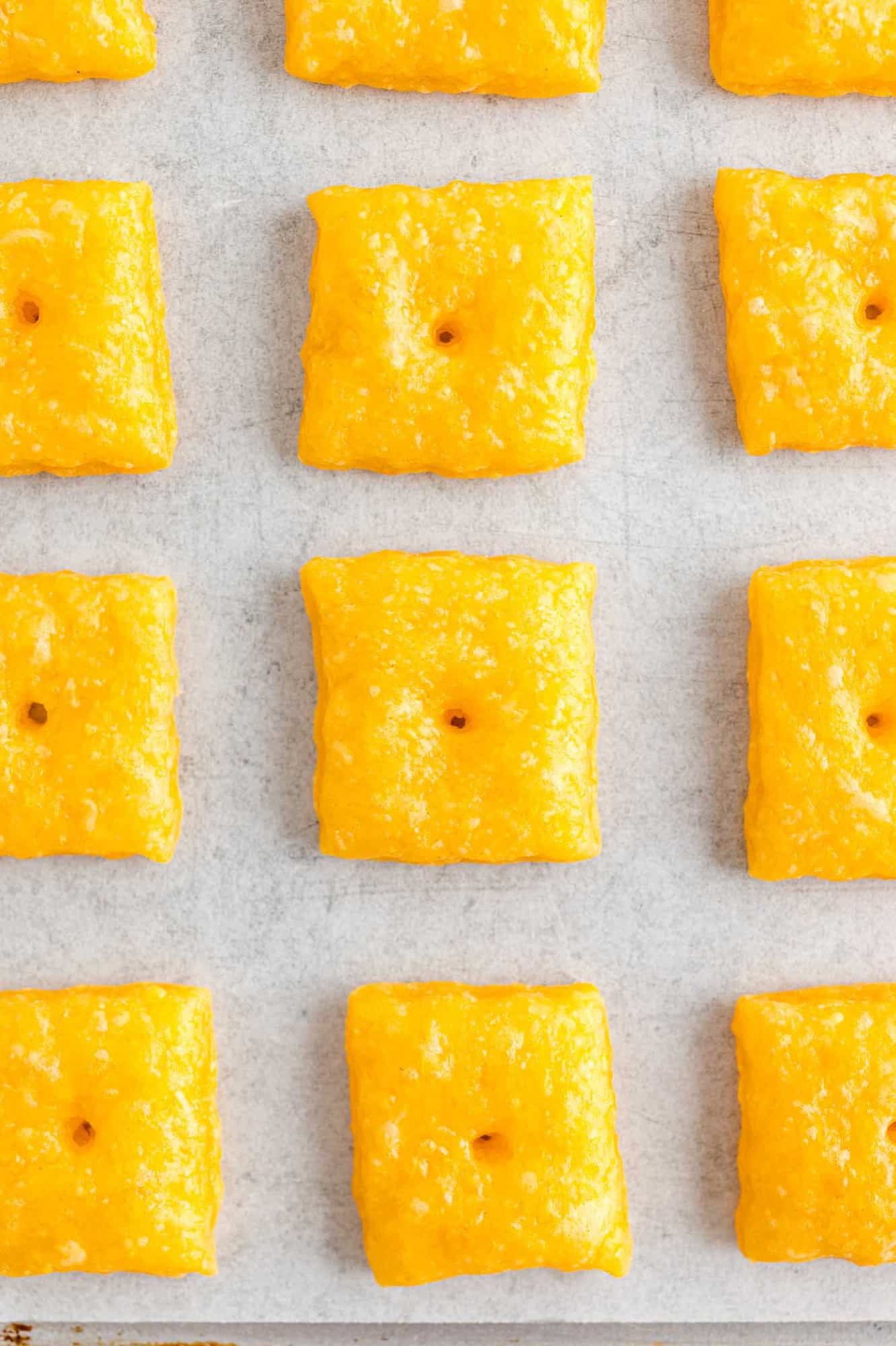 Baked crackers on a baking sheet.