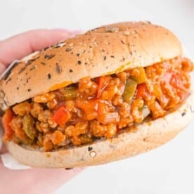 Hand holding a sloppy joe sandwich.