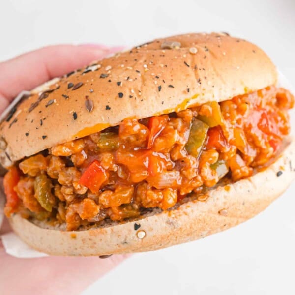 Hand holding a sloppy joe sandwich.