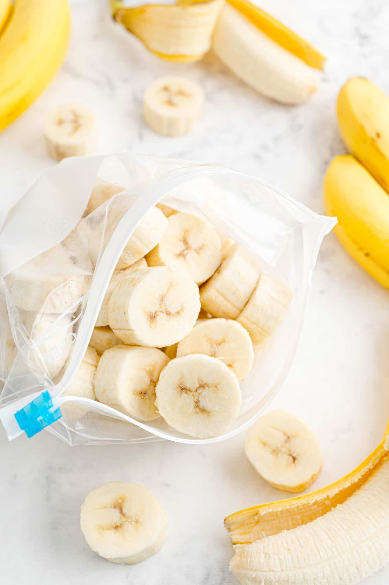 Frozen bananas in a freezer bag.