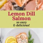 Cooked salmon, text overlay reads "lemon dill salmon - so easy and delicious!"