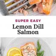 Cooked salmon, text overlay reads "super easy lemon dill salmon."