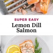 Cooked salmon, text overlay reads "super easy lemon dill salmon."