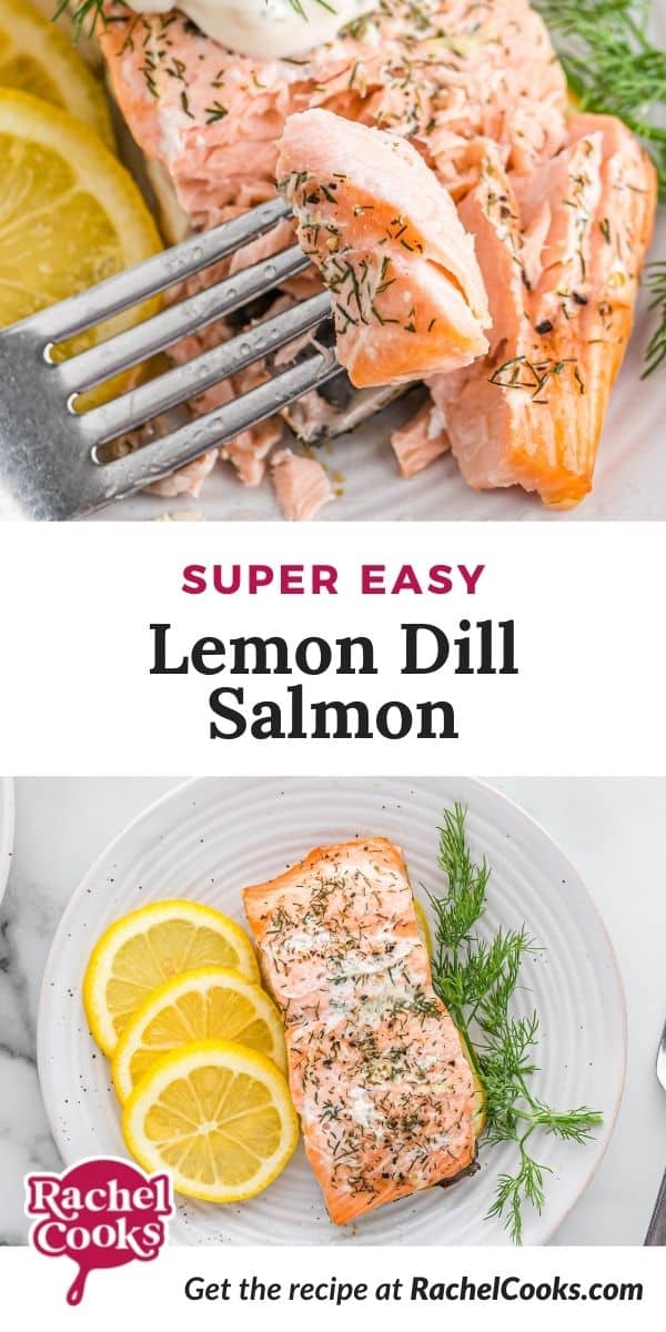 Cooked salmon, text overlay reads "super easy lemon dill salmon."