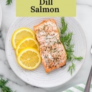 Cooked salmon, text overlay reads "the best lemon dill salmon."