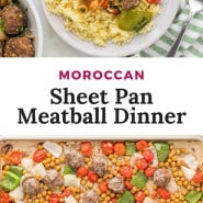 Meatballs, text overlay reads " moroccan sheet pan meatball dinner."