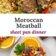 Meatballs, text overlay reads " moroccan meatball sheet pan dinner."