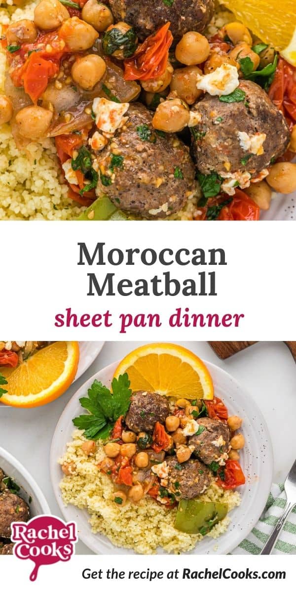 Meatballs, text overlay reads " moroccan meatball sheet pan dinner."