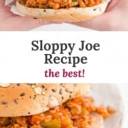 Sandwich, text overlay reads "sloppy joe recipe - the best."