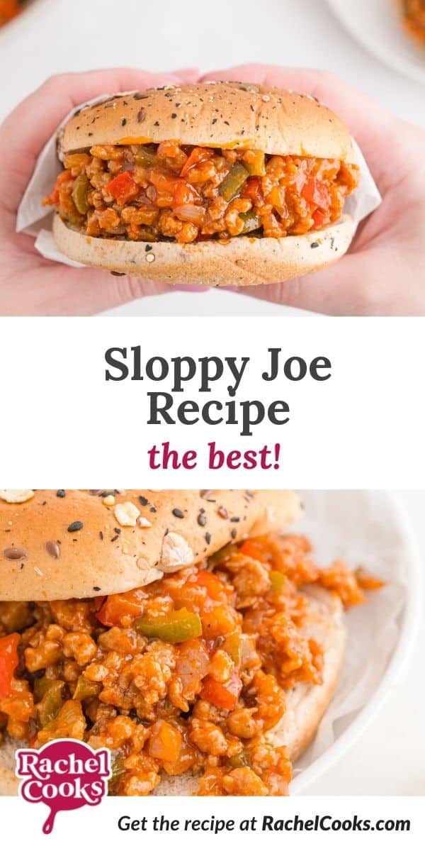 Sandwich, text overlay reads "sloppy joe recipe - the best."