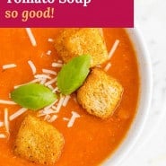 Soup, text overlay reads "smoky roasted tomato soup - so good."