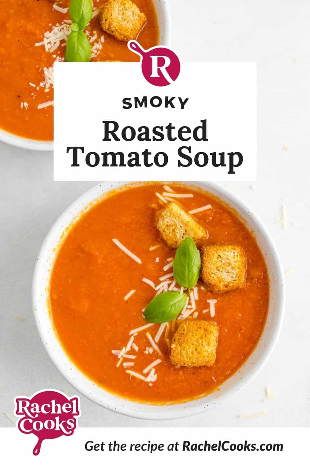 Soup, text overlay reads "smoky roasted tomato soup."
