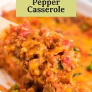 Casserole, text overlay reads "super easy stuffed pepper casserole."