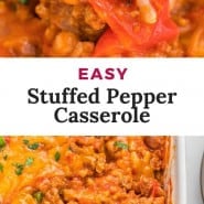 Casserole, text overlay reads "easy stuffed pepper casserole."