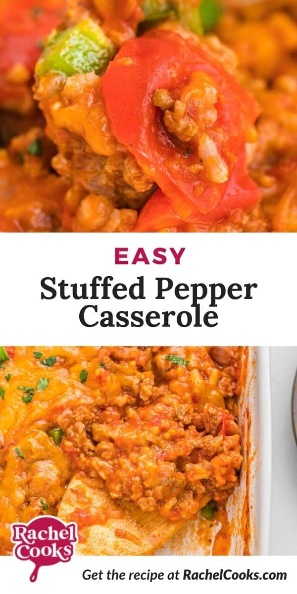 Casserole, text overlay reads "easy stuffed pepper casserole."