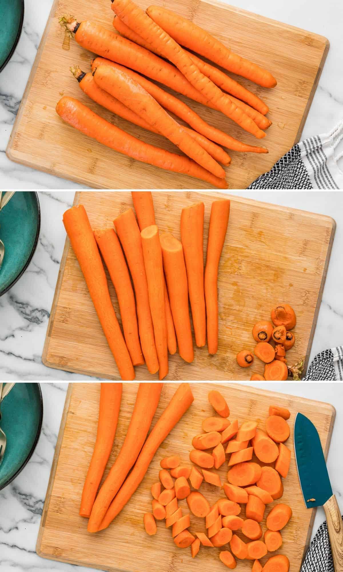 3 images showing how to peel, prep, and slice carrots.