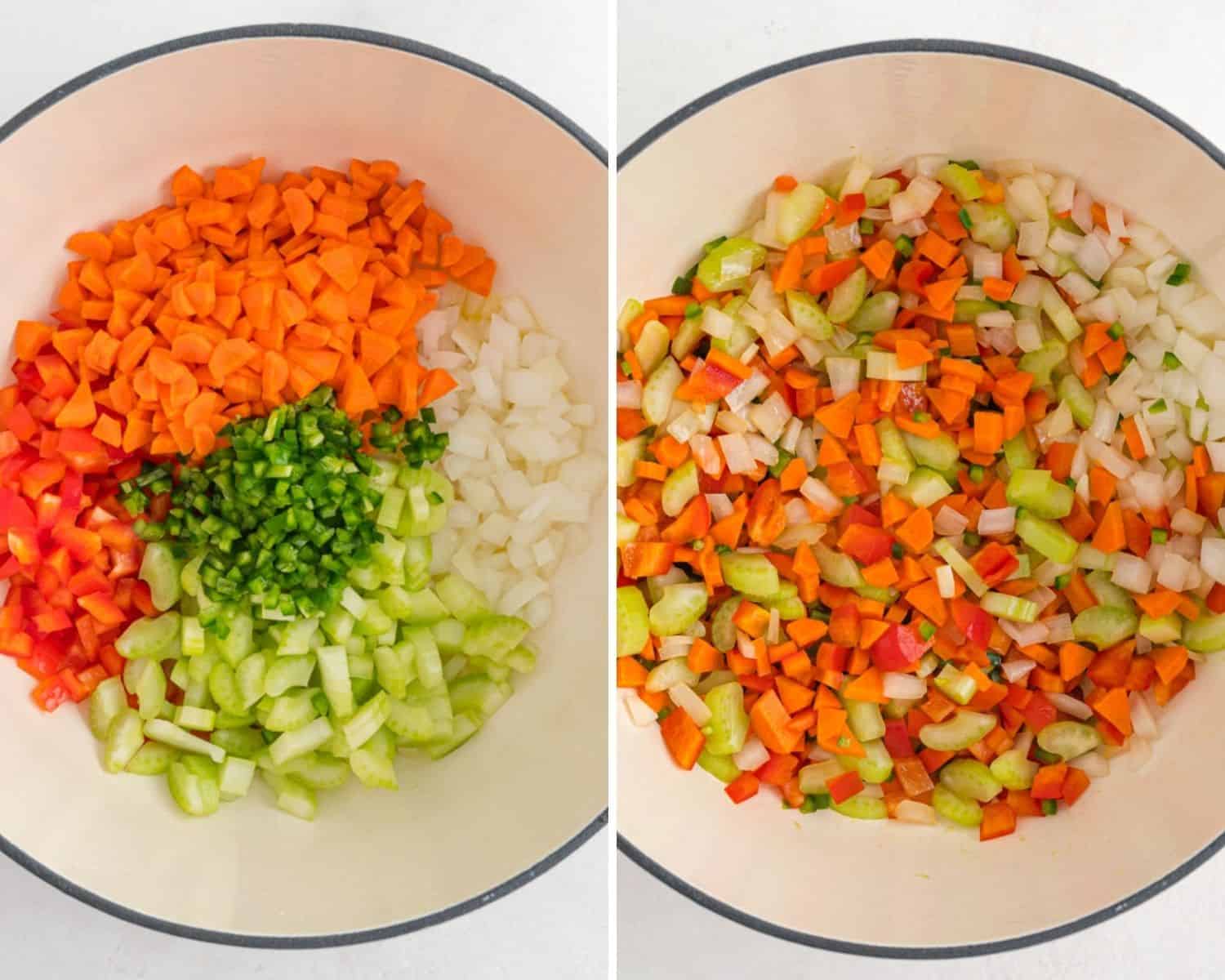 Chili vegetables before and after being mixed in a pan.