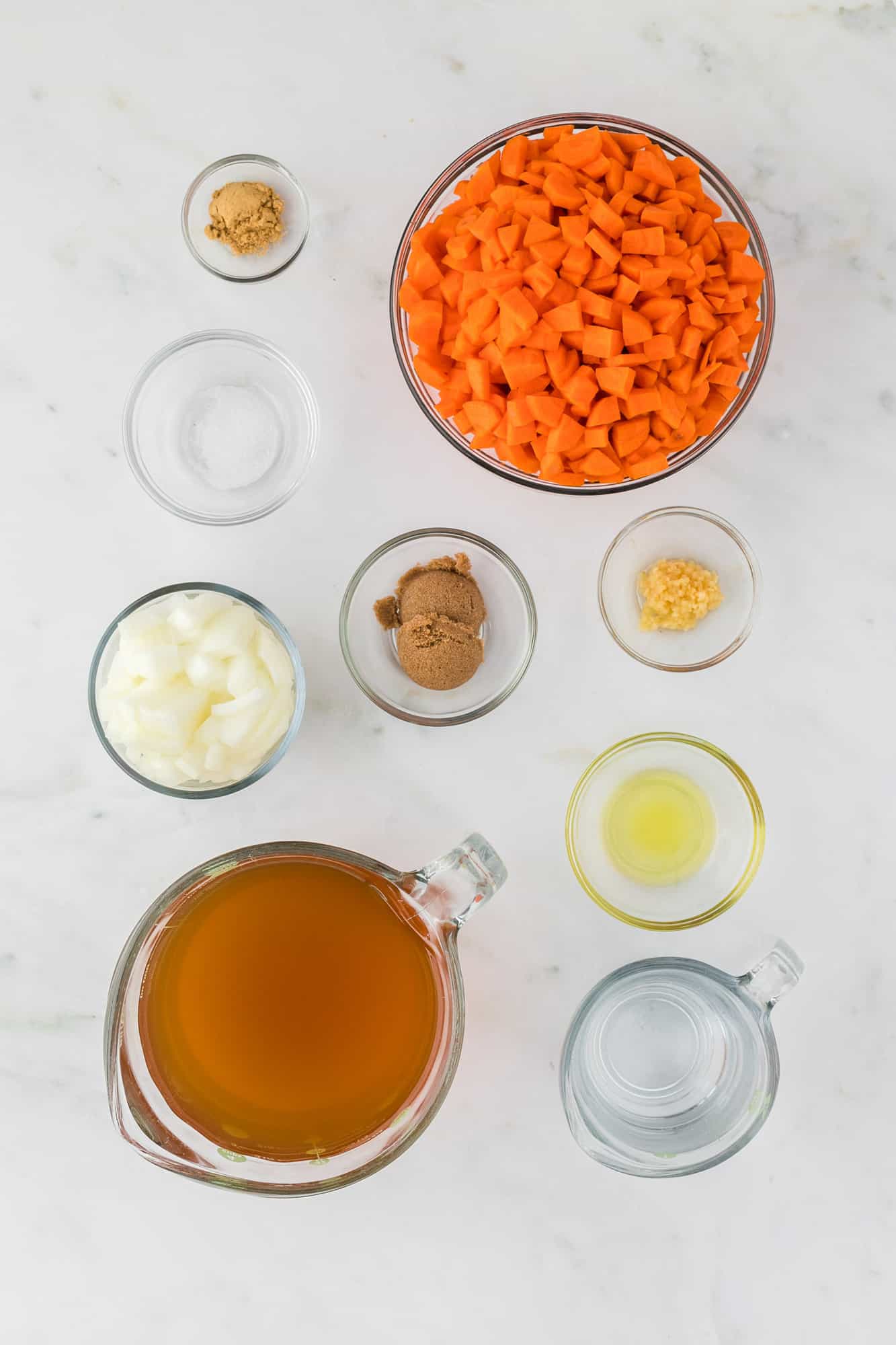 Overhead view of ingredients in separate bowls.