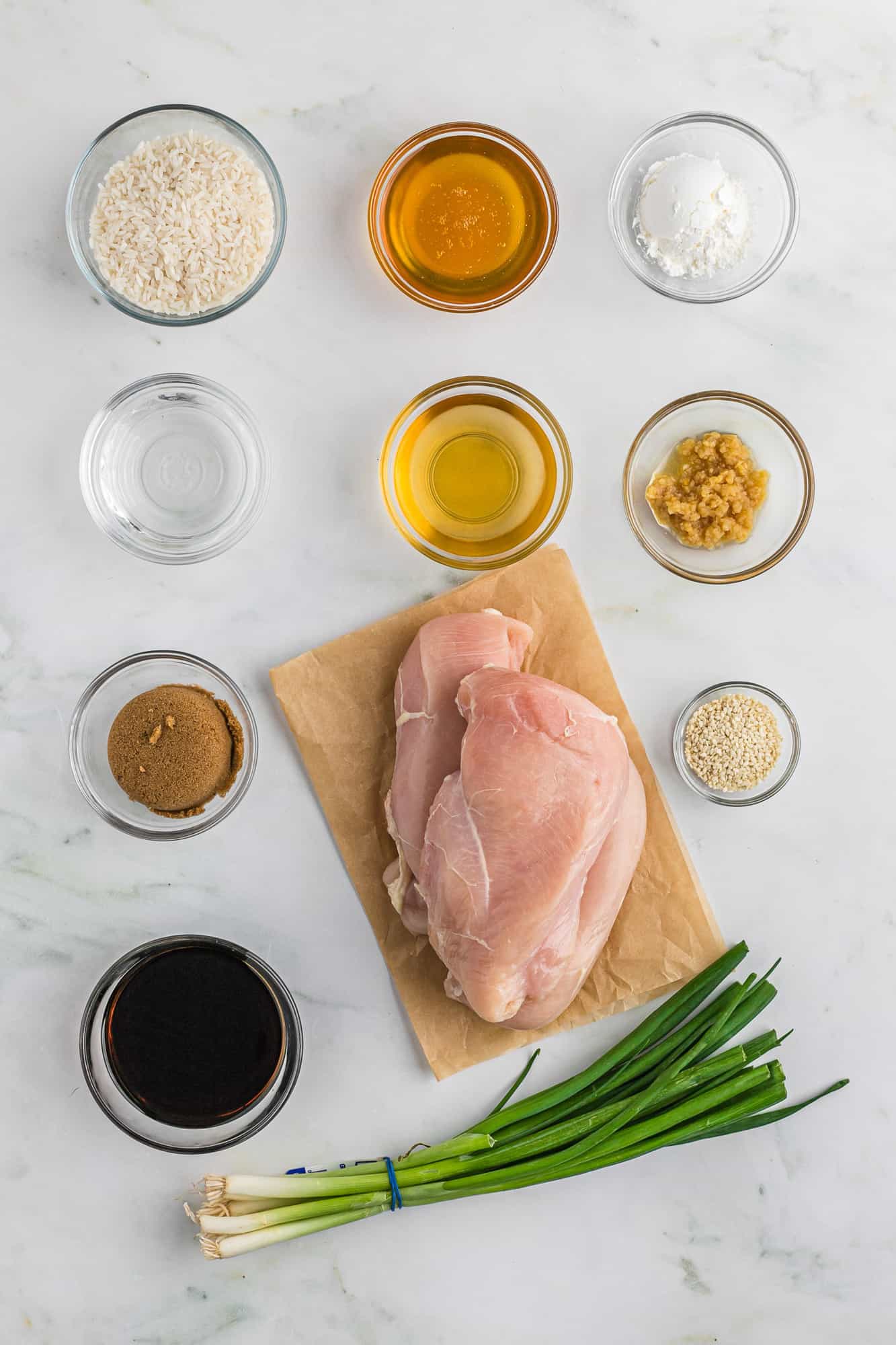 Overhead view of ingredients needed for recipe.