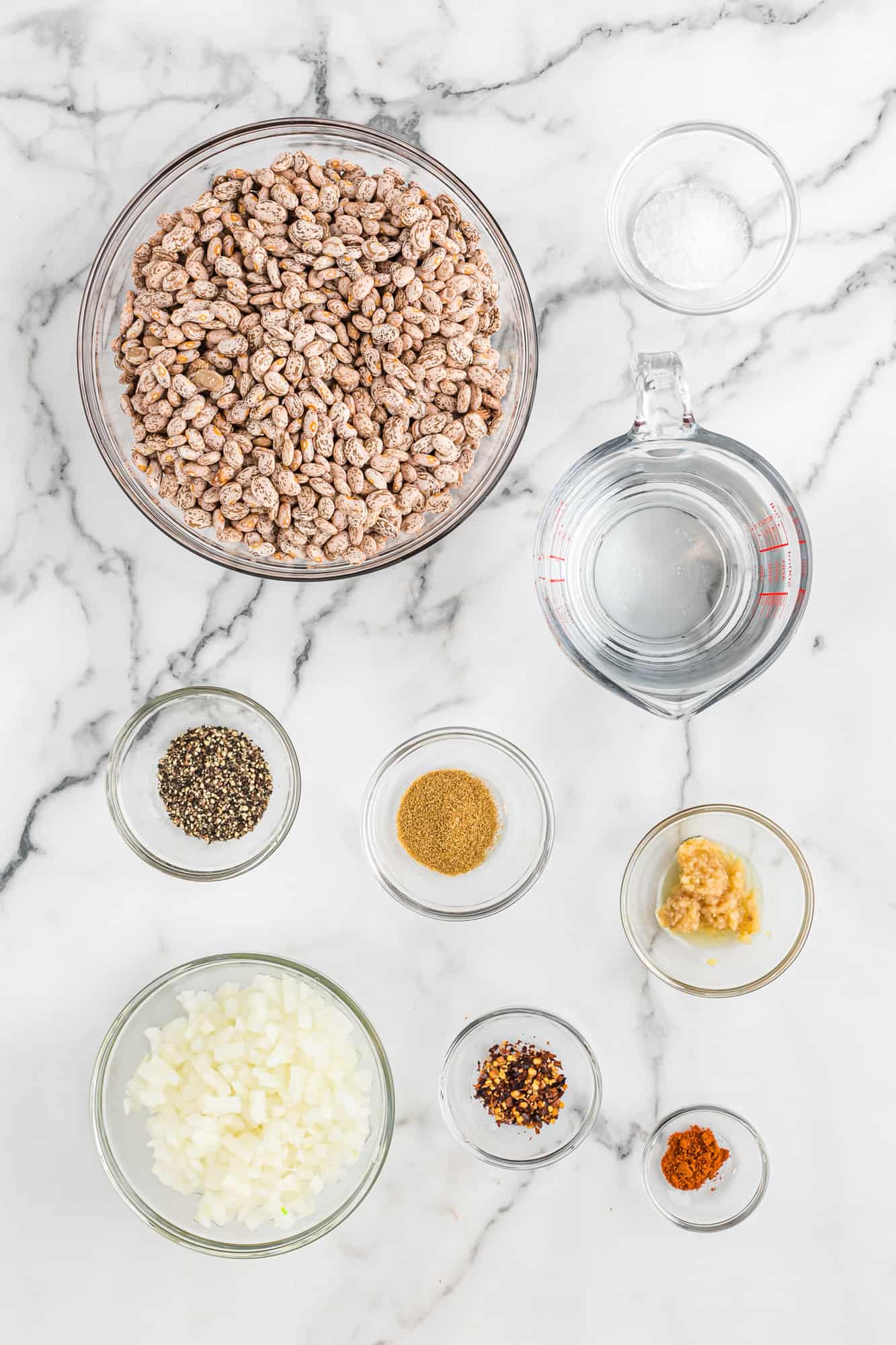 Overhead view of ingredients in separate bowls.